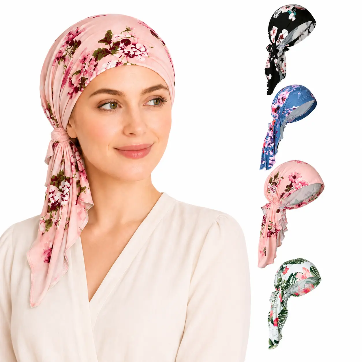 Women's 4-Pack Satin Turbans - Floral Printed Pre-Tied Scarf Headbands, Soft Cotton Full-Cover Shower Caps, Boho Accessories for Hair Loss, Everyday Wear Gifts