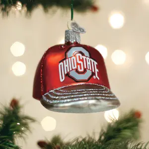 Ohio State Baseball Cap Ornament - Red & Silver Glittered Design for Festive Decoration