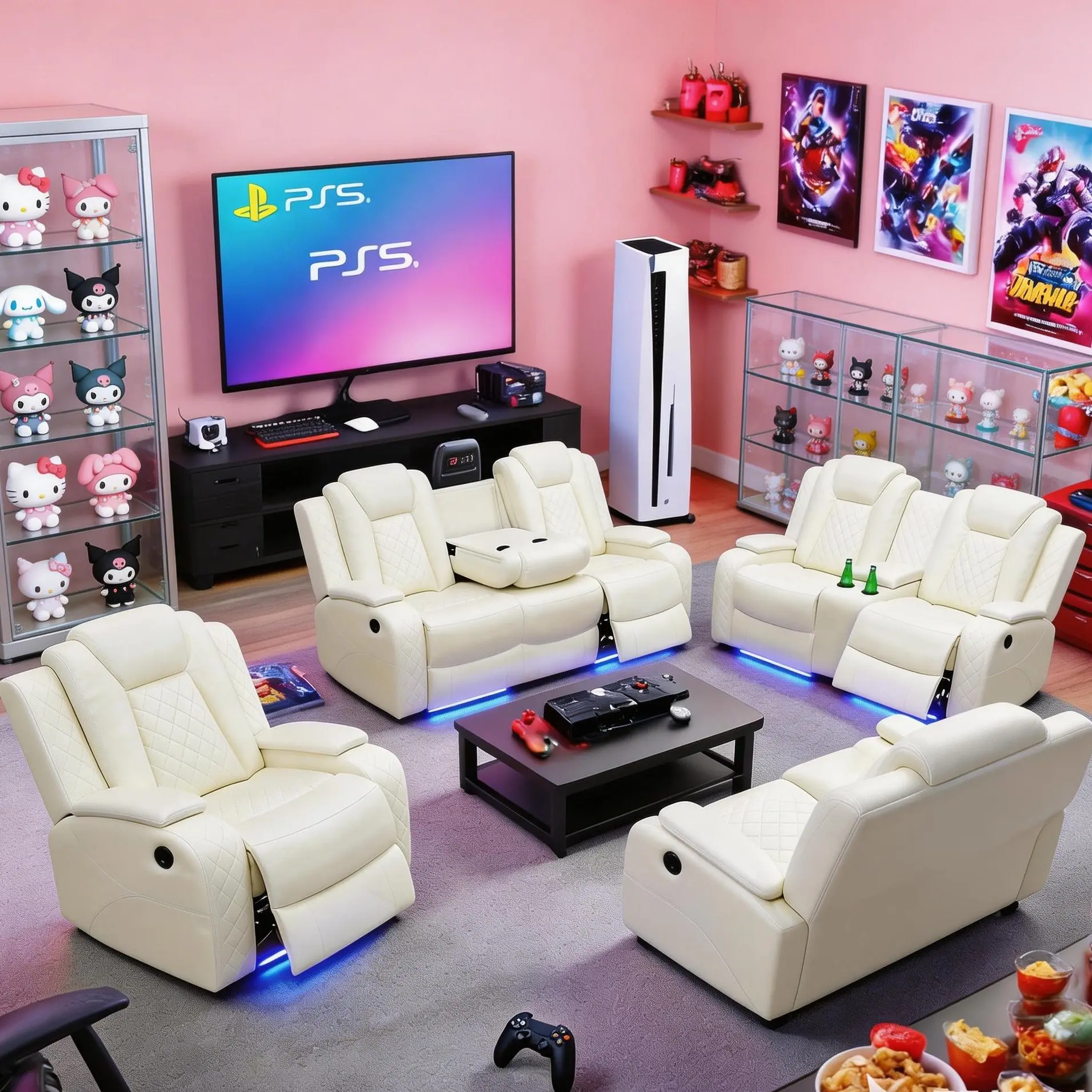 Lifestyle White Breathing Leather 3-Piece Living Room Recliner Sofa Set with Adjustable Backrest and Storage Pocket Lounge Ergonomic Modern Power Reclining