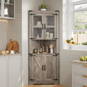 OP-Garvee 67" Tall Corner storage cabinet with Lights - Wooden Farmhouse Corner Hutch Display Cabinet with Glass Doors, Sturdy material，Large capacity，for Kitchen, Living Room, Bathroom Vanity Set Mirror dining table sand coffee