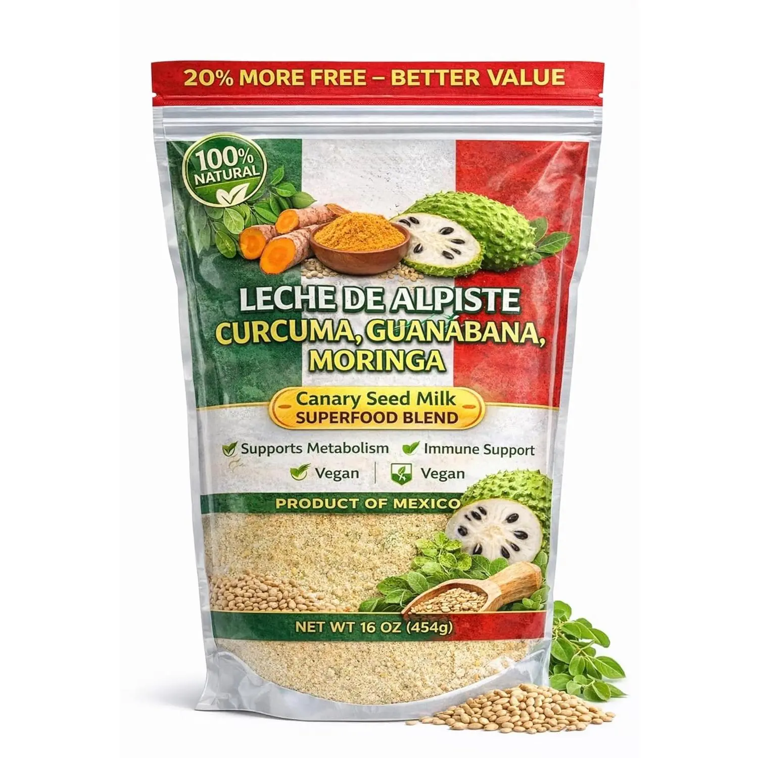 Premium Canary Seed Milk Powder (16 oz/1Lb) - Golden Turmeric Sip, Moringa Boost, Soursop Superfood Blend - Diabetes Support, Vegan, Dairy-Free, Non-GMO, 100% Natural Herbal Supplement