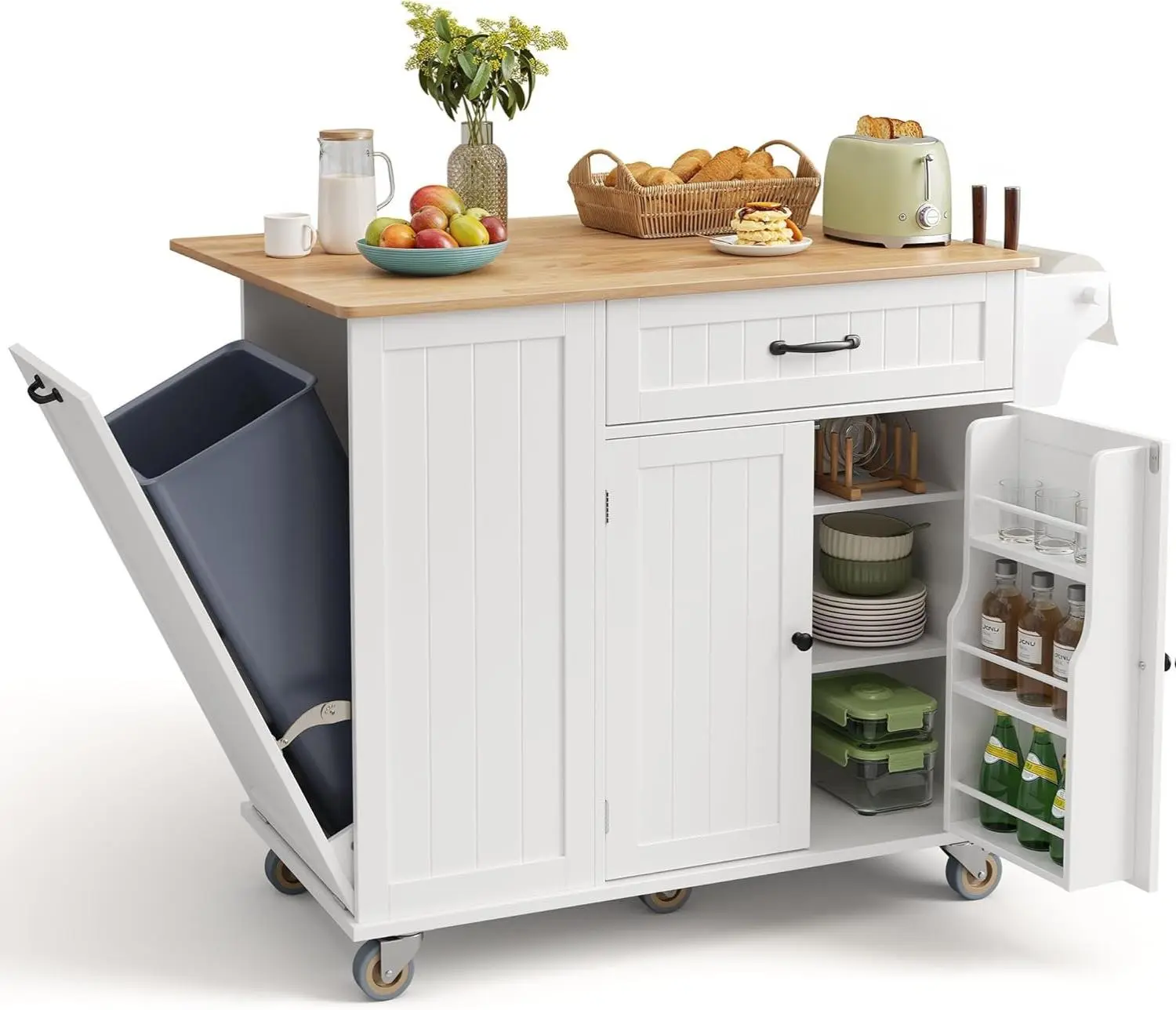 Gizoon Sturdy Waterproof Modern White Wood Floor Cabinet Kitchen Island - 44.49" Rubberwood Drop Leaf Top, Hidden Tilt-Out Trash Cabinet, Metal Knife Holder, Adjustable Shelf, Towel Bar, Drawer, Spice Rack, Wheels, Tools Included, Assembly Required, Recta
