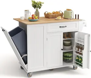Gizoon Kitchen Island with Storage, 44.49" Kitchen Island with Trash Can Storage, Drop Leaf Rubberwood Top, Knife Holder, Adjustable Shelf, Towel Bar, Drawer, Spice Rack, White