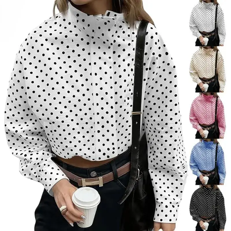 Kingapril Women's Polka Dot Long Sleeve Zip-Up Windbreaker Jacket - Stand Collar with Drawstring Hem, Casual Lightweight Outerwear