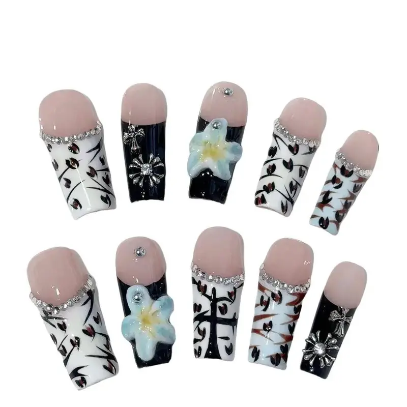 W99 millennial blue floral zebra print hand drawn press on nails Long Diamond jelly glue press-on nail