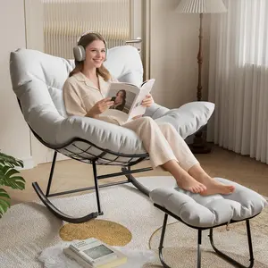 Outdoor Oversized Papasan Rocking Chair with Footrest, Patio Lounge Chair with Ottoman and Sturdy Metal Frame, Patio Rattan Egg Rocker for Balcony Backyard Porch Bedroom