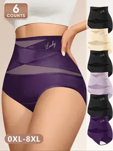 6 Pack 0XL-8XL Plus Size Women's High-Waisted Underwear Set, Panties, Breathable Mesh Design, Postpartum Belly Control, Ice Silk Fabric, Fitted Style, Elegant, All Seasons Wear, Womenswear
