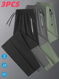 Men’s lightweight, breathable summer pants, 3-pack; ice silk fiber fabric; loose straight cut with an elastic drawstring waist and zippered pockets; available in black, gray, and khaki green; casual outdoor wear.