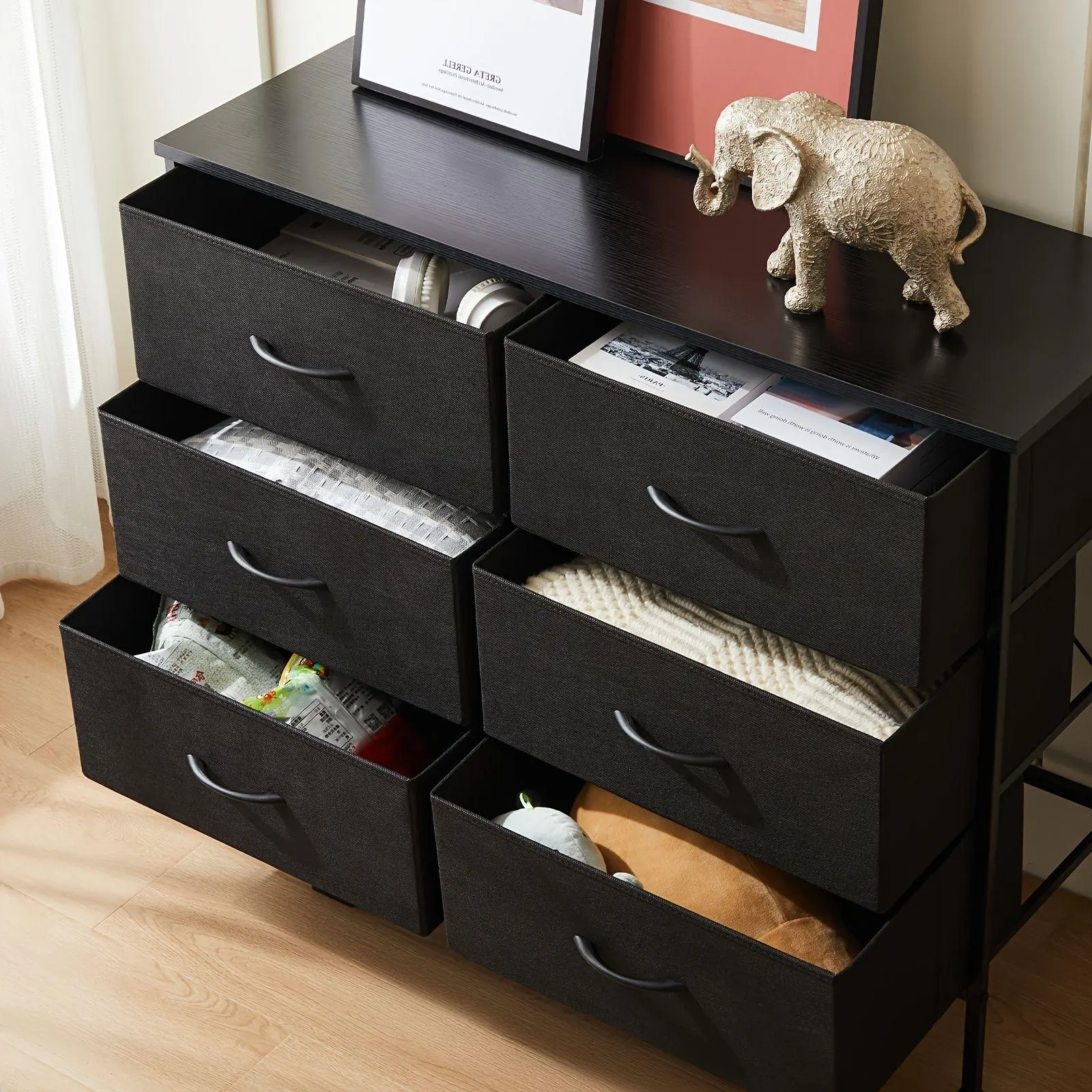 Idle Way Dresser Modern Metal Frame Fabric Closet Organizer with 7 Drawers Wooden Tabletop Chest Storage Tower for Bedroom Nursery Living Room Entryway Minimal Aesthetic Design, Drawers Organization, Dresser Storage Cabinets, Minimalist Drawer Tower