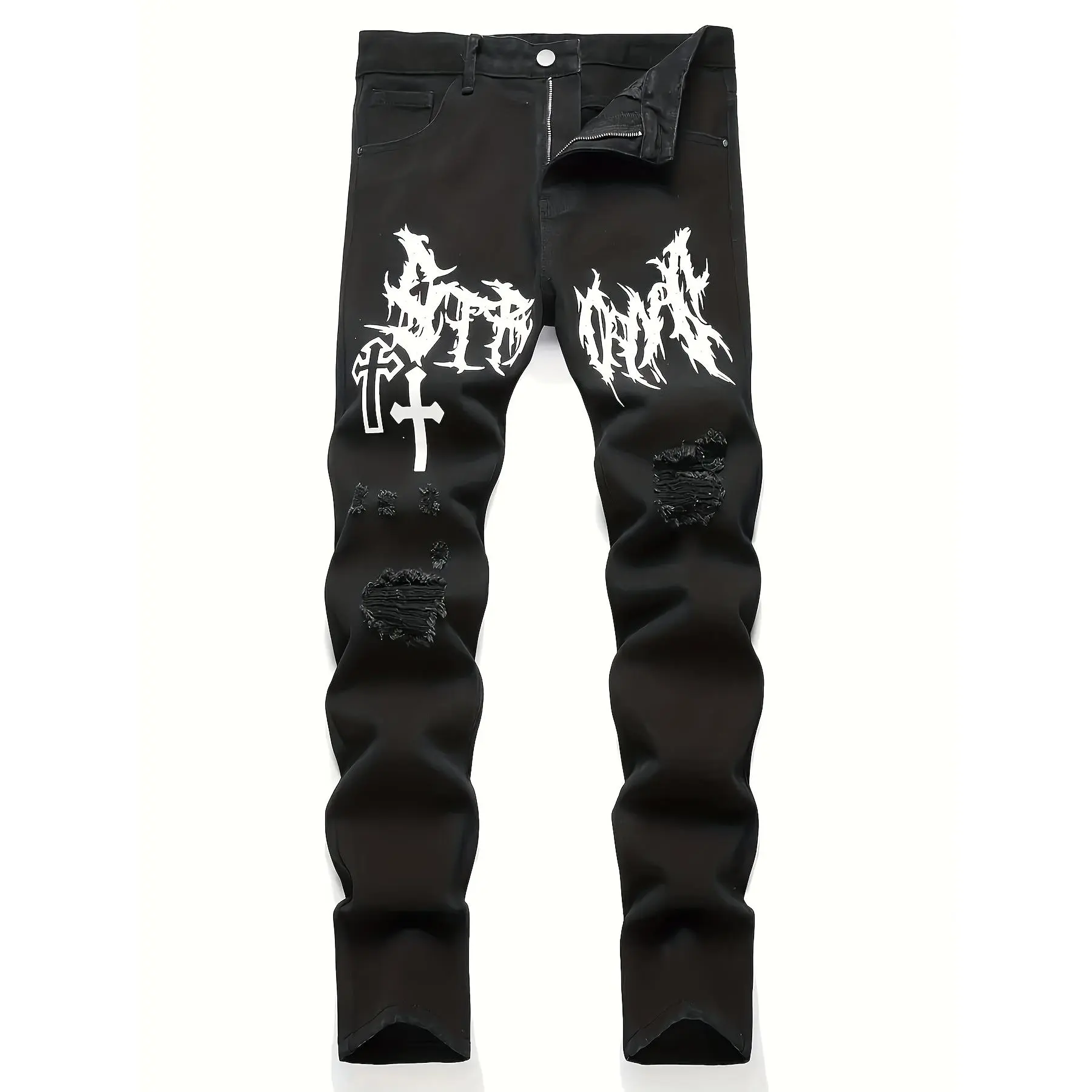 Men's Streetwear Jeans with Graffiti Paint Print, Casual Fitted Hip Hop Style Straight Leg Denim Pants, Menswear, Casual Fitted Jeans, Jean Pants Bottoms