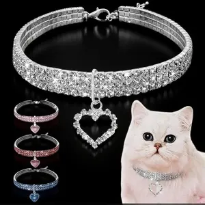 Adjustable Elastic Hypoallergenic Pet Collar with Crystal Rhinestone Heart Pendant, Princess Style for Small/Medium Dogs & Cats - Reflective Safety Design, Multi-Row Sparkling Diamonds, Food-Grade TPU Material, Fashionable Night Walking Accessory