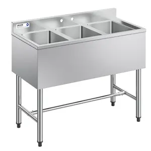 VEVOR 3 Compartment Sink, 18-Gauge 304 Stainless Steel, 10" x 14" x 10" Bowl Size, 3 Bay Commercial Under Bar Sink with Backsplash and Efficient Drainage for Kitchen, Restaurant, Food Truck & Home Use