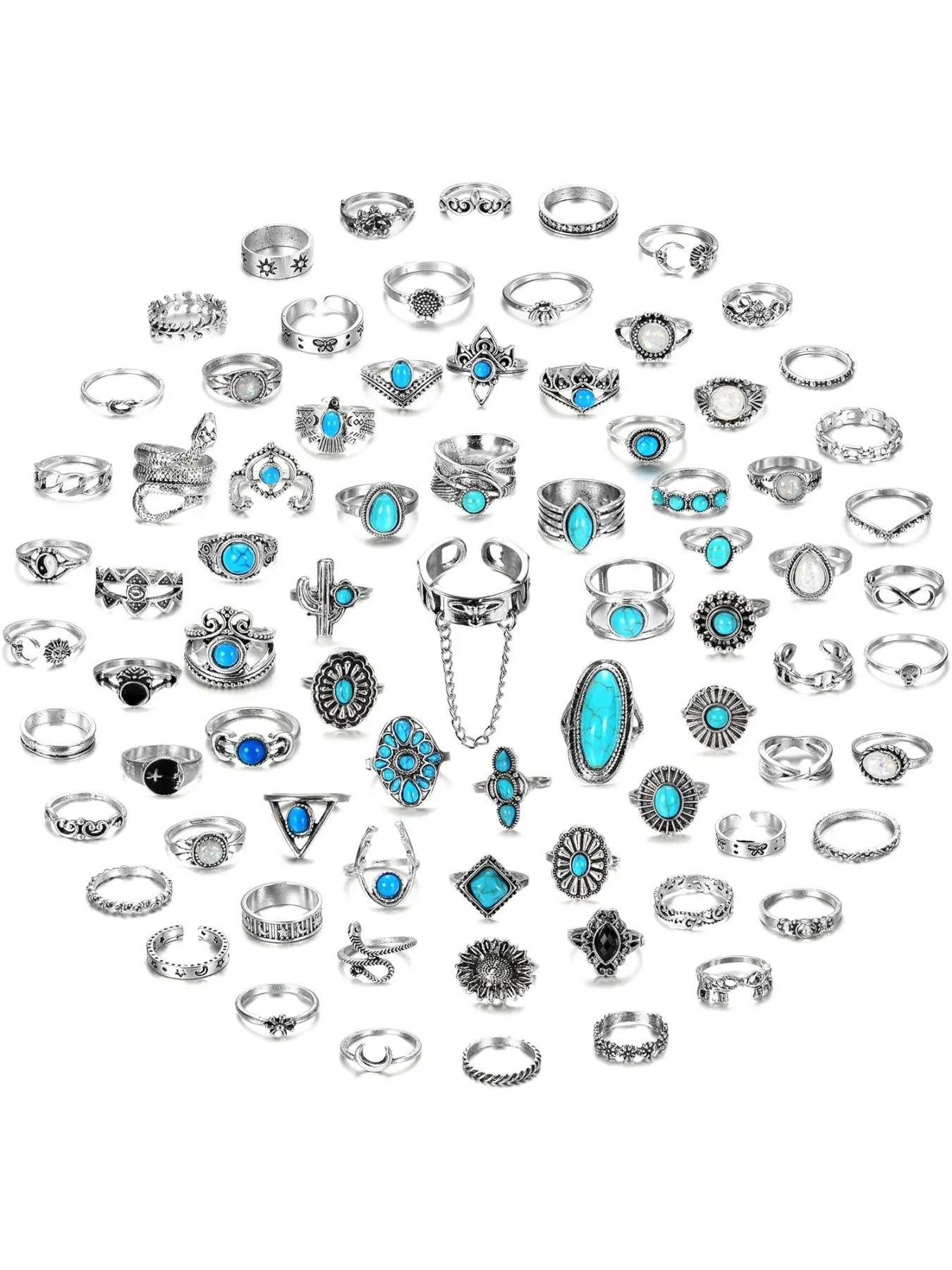 75 Pcs Vintage Turquoise Rings for Women Silver Knuckle Rings Bohemian Oval Gemstone Rings Western Rings Stackable Joint Finger Rings Midi Stacking Rings Set