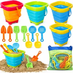 Collapsible Beach Toys for Kids with 4 Silicone Collapsible Sand Buckets & 8 Shovels & Mesh Bag, Travel Beach Essentials for Kids Sand Toys Toddlers, Sandbox Toys for Boys Girls Ages 3-5 4-8