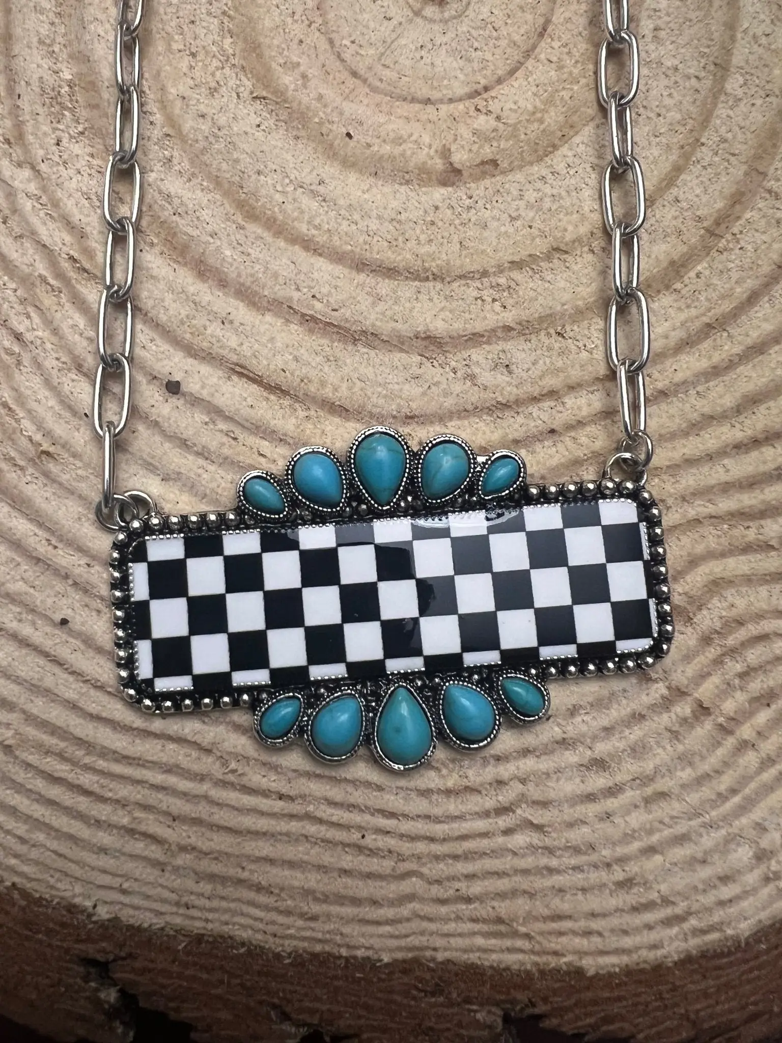 Western Checkered Bar Necklace with Faux Turquoise — 18 Inch