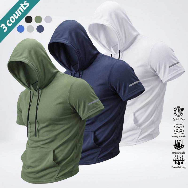 3-pack summer men’s solid-color minimalist versatile casual athletic tops: short-sleeve hooded sweatshirt, lightweight, comfortable slim fit for fitness and everyday wear