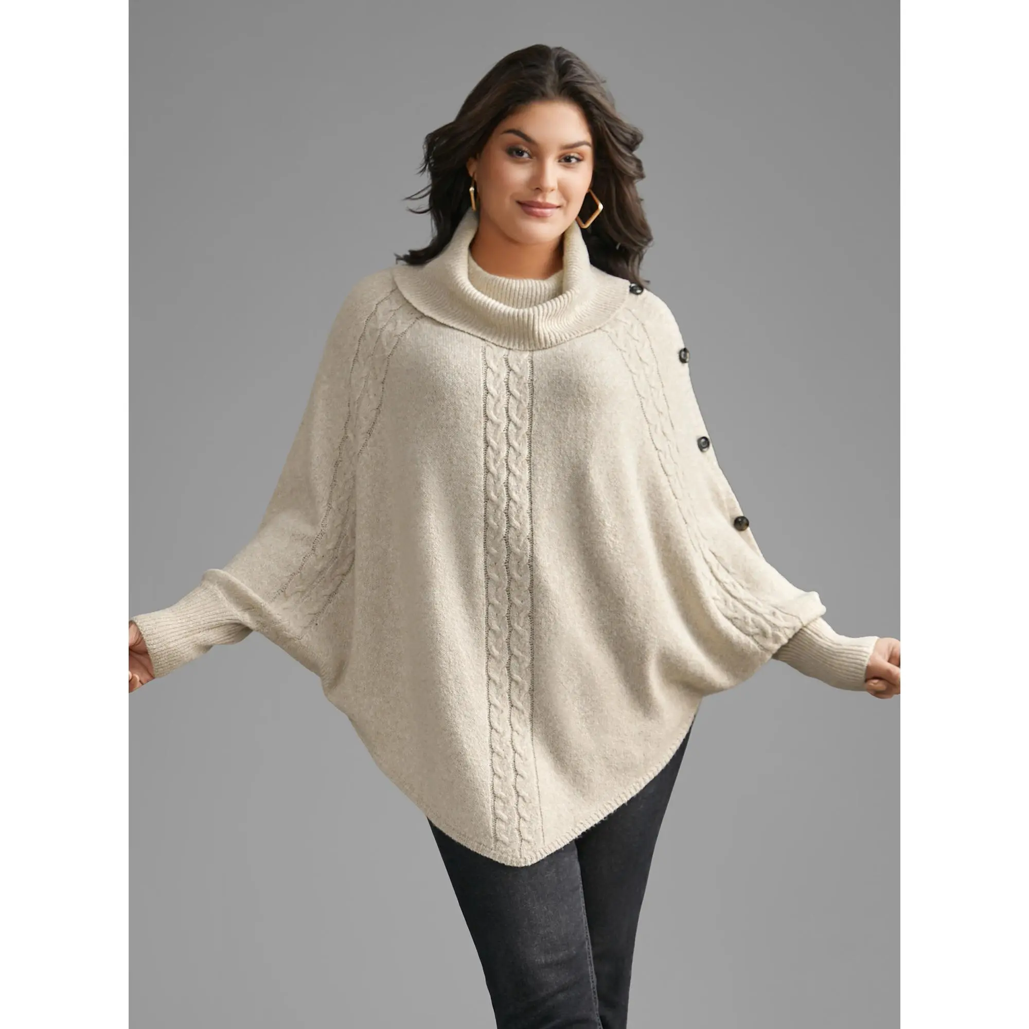 BLOOMCHIC Women's Plus Size Long Sleeve Polyester Turtleneck Cable Knit Asymmetrical Hem Pullover - Minimalist Basic Fit Knitwear for Summerfinds, Tops, Low Iron, Curvy Clothing, Hand Wash, Ruffle, Classic, Fabric, Garment, Longsleeves, Casual, Dolman, Re