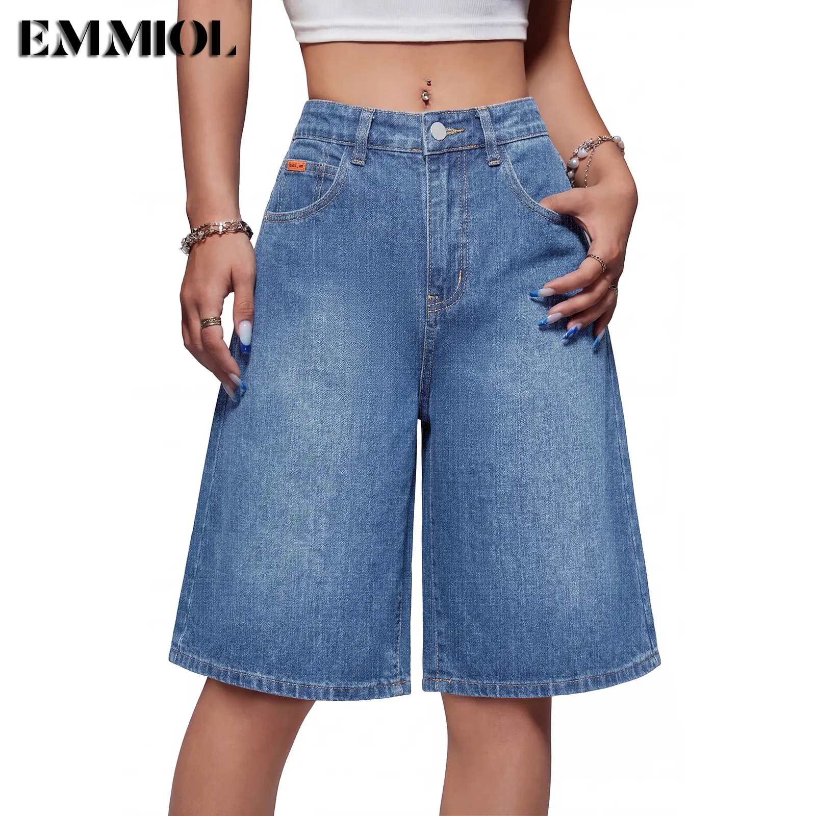 EMMIOL Baggy Capris Jorts for Women Wide Leg Denim Shorts Y2k Mid Rise Bermuda Streetwear Boyfriend Jean Shorts with Pockets Summer Vibes
