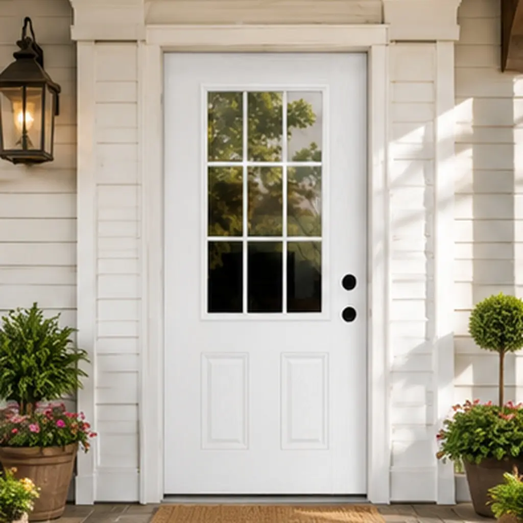 32x80 Fiberglass Entry Door with 9 Lite Low-E Glass, 4-9/16 in. Vinyl Frame, White Wood Grain Surface, Left Hand Inswing, Primed Front Door for Home Entrance, Garden & Outdoor Use, Polyurethane Foam Core, White Color Options, Fiberglass Material