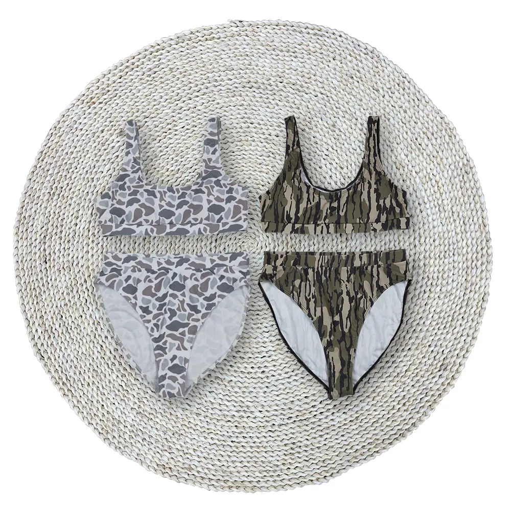 Adult Women Tree Leaves Wood Pattern Grey Camouflage 2pcs Bikini Swimsuits Top Bottom for Summer Beachwear