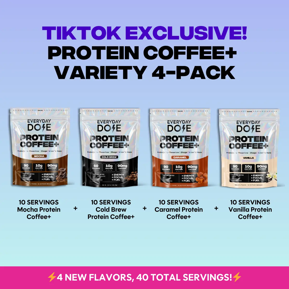 Everyday Dose Protein Coffee+ Variety 4-Pack | TikTok Exclusive | 40 Servings | Mocha, Cold Brew, Caramel & Vanilla | Protein + Focus + Energy