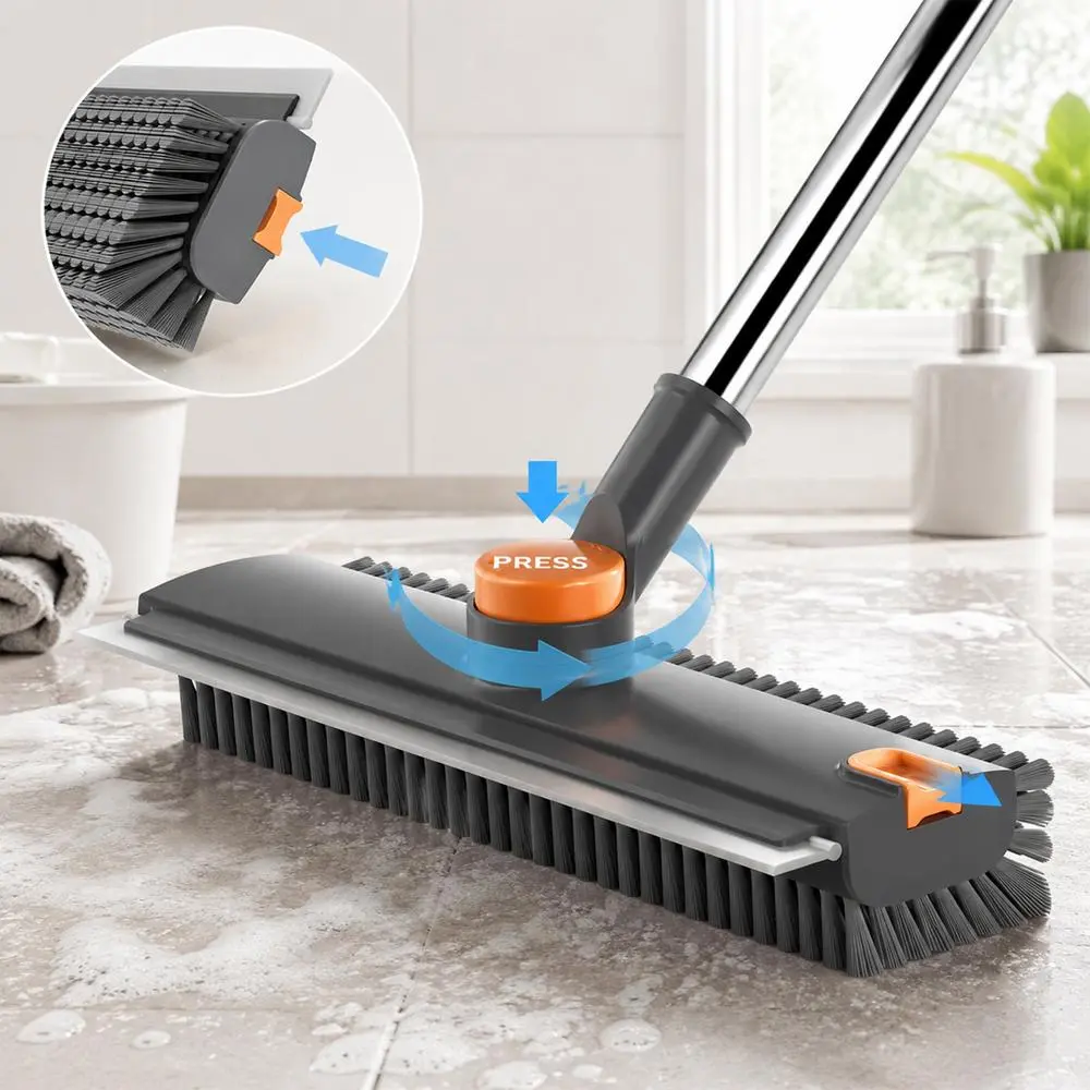 Multifunctional Integrated Long Pole Floor Scrub Brush, Adjustable Stainless Steel Handle, Full Rotate Hard Bristles Flexible Silicone Wiper, Matches Tile Concrete Glass White Grey Domestic Floor Clean Broom Grey-Orange