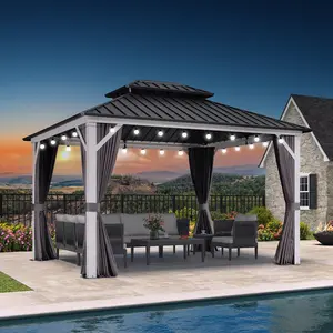 PURPLE LEAF Modern Gazebo Grey Hardtop Galvanized Steel Double Roof White Aluminum Poles with Curtains and Netting with Lights-milky