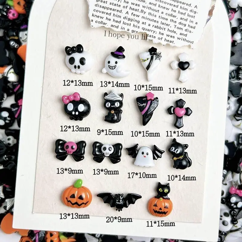 10PCS Cartoon Funny Ghost Pumpkin Monster Nail Charms Cute Bow Skull Cat Resin Nail Art Decorations for DIY Hallowween Nails