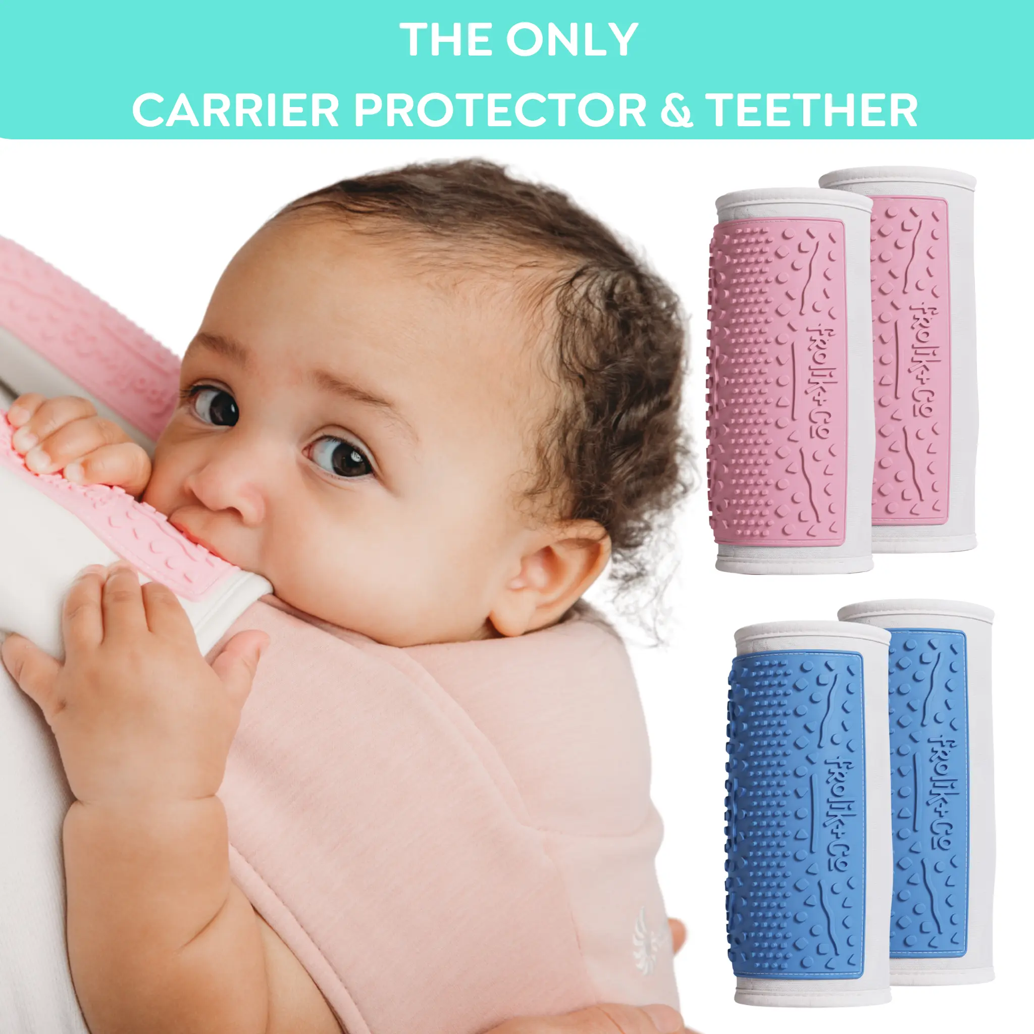 Baby Carrier Strap Protector & Teether Chewpad - 2 Pack - Organic Cotton - Platinum Silicone - Machine Washable - Baby Shower Gift
