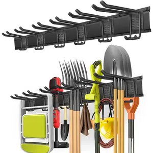 Garage Tool Organizer Wall Mount with 48 inches Rails and 6 Double-layer Hooks, Heavy Duty Garden Tool Rack, Garage Hanging Storage Rack For Yard Tools, Shovel, Shed