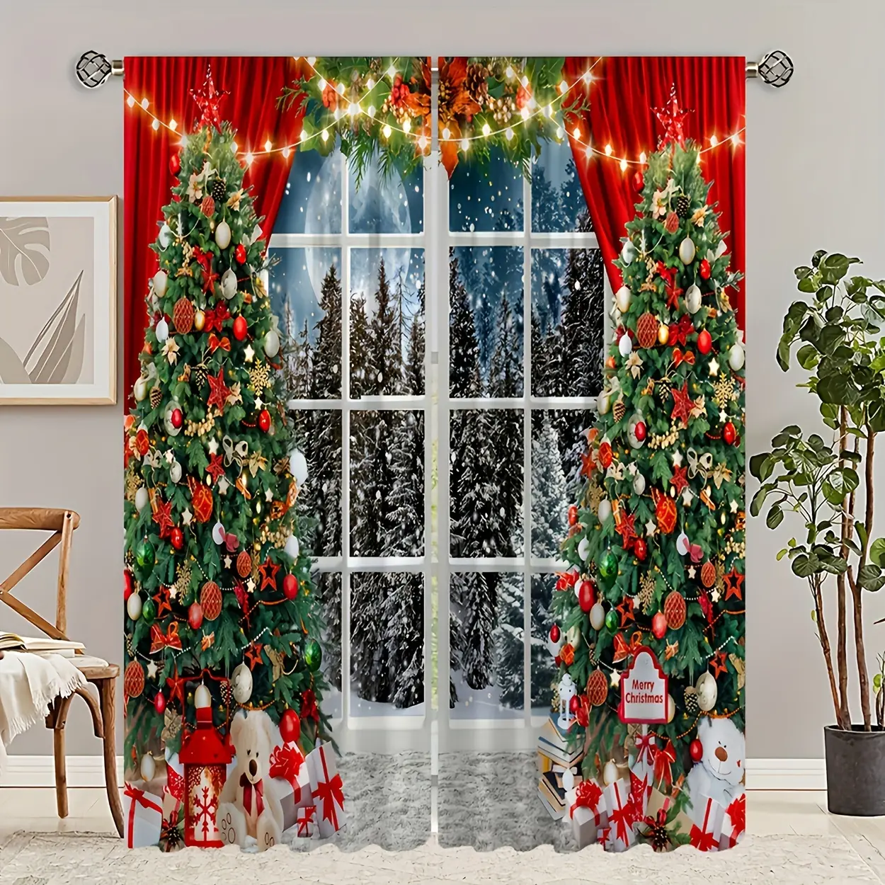 2 pieces, classic Christmas tree curtains, Christmas snow scenery pattern outside the window, pole pocket style, semi sunshade polyester fiber, suitable for home living room, bedroom, balcony, kitchen, study, and coffee shop Christmas window decoration.