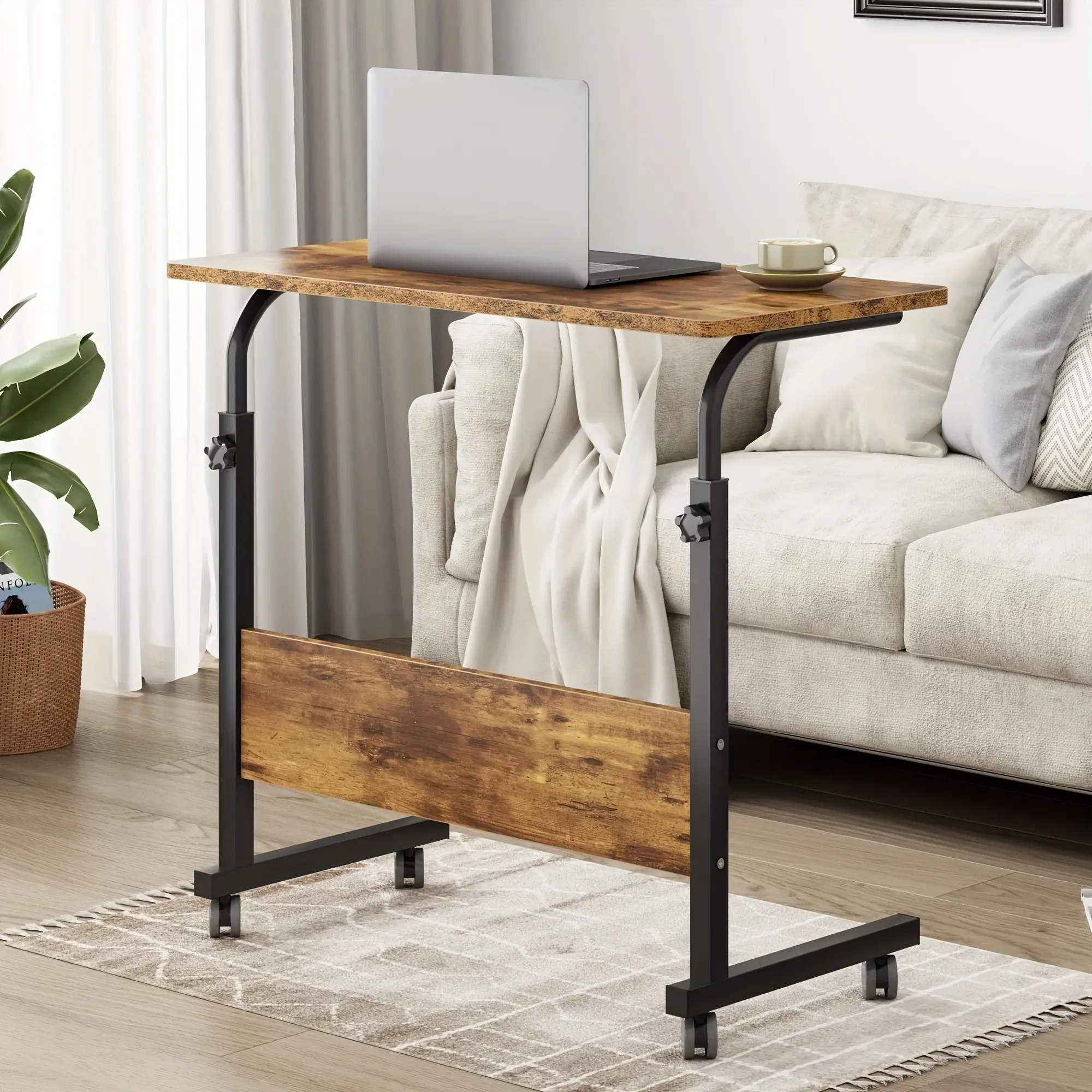 Height Adjustable Wood Metal Side Table - P2 15MM Chipboard & Steel Construction, Baffle, Rolling Casters, Indoor Furniture for Tables & Desks, Wood Metal Table Tiltable Tabletop