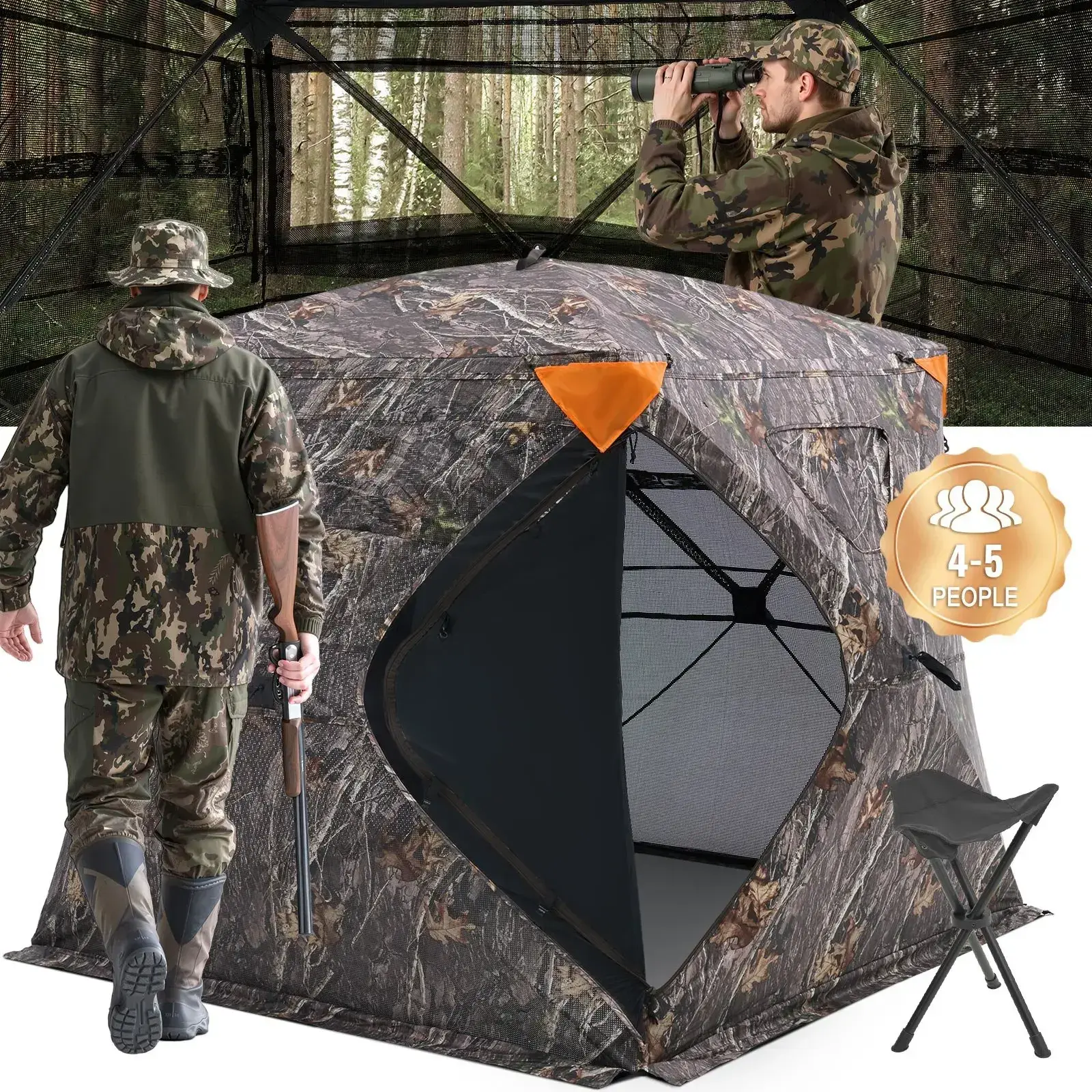 270° See Through Hunting Blind, 4-5 Person Pop Up Ground Blind, Portable Resilient Hunting Tent with One-Way See-Through Mesh, Silent Auto-Close Lockable Zipper Door, 150D Waterproof Weatherproof Shelter with Carry Bag for Turkey Deer Outdoor Hunting