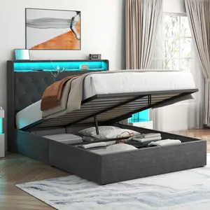 Loomie Full Size Lift Up Bed Frame with Charging Station & LED Lights, Upholstered Bed with Button Tufted Wingback Storage Headboard, Hydraulic Storage, No Box Spring Needed, Wood Slats Support full size bed frame Modern Interior bed frame storage