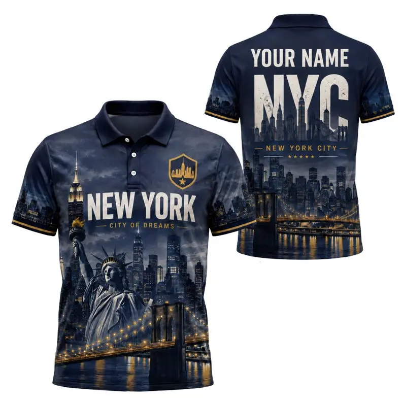 Personalized New York Polo Shirt, Custom Name NYC Skyline Travel Polo Shirt