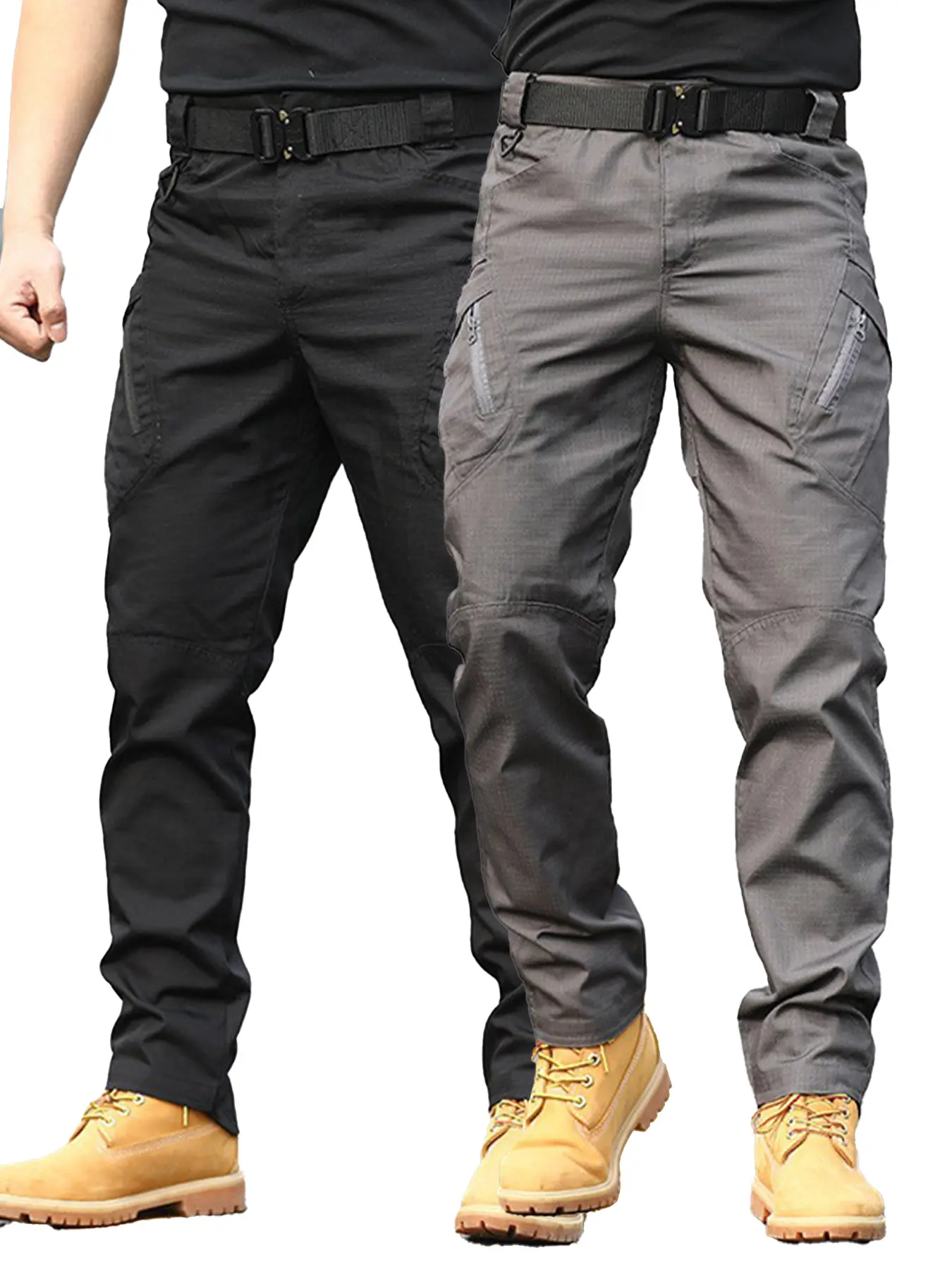 Men's 2-Pack Tactical Cargo Pants, Heavy-Duty Fitted Polyester Trousers with 10 Pockets Including Secure Zip Pockets for Outdoor Working, Zipper, Fitted Cut, Outdoors