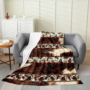 Western-style plush blanket, cowhide-pattern vintage flannel blanket, double size 60 inches x 80 inches, bohemian country farmhouse style, suitable for all seasons, exotic geometric pattern, suitable for sofa, bed, bedroom decoration, brown and beige: hom