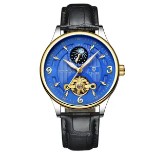 TEVISE New Men's Business Mechanical Watch Skeleton Dial Alloy Case Leather Strap Elegant Gift Watch
