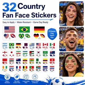 Sports Fan Face Stickers - 32 Country Designs, USA Flag Heart Kiss Temporary Tattoos, Water-Resistant for Stadiums, Parties, Game Day Fun