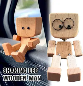 Shaking Wooden Man, Shaking Wooden Man Figurine for Car Dashboard, Handmade Shak Feet Woodens Doll, Funny Cars Ornaments Wood Desktop Decor, Car Dashboard Accessories with 12PCS Magnetic Expressions