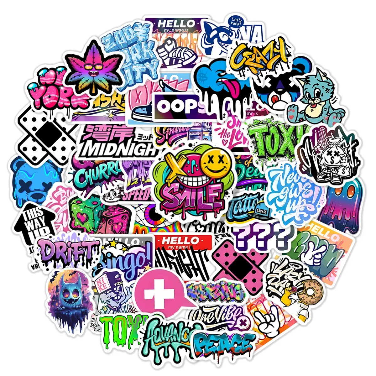 50pcs Hypebeast Street Graffiti Stickers Pack, DIY Sticker, Graphic Decal, Waterproof Cool Streetwear Colorful Graffiti & Cartoon Decals for Laptop, Water Bottle, Journal, Scrapbook & Scrapbooking, Streetwear Fan Gift