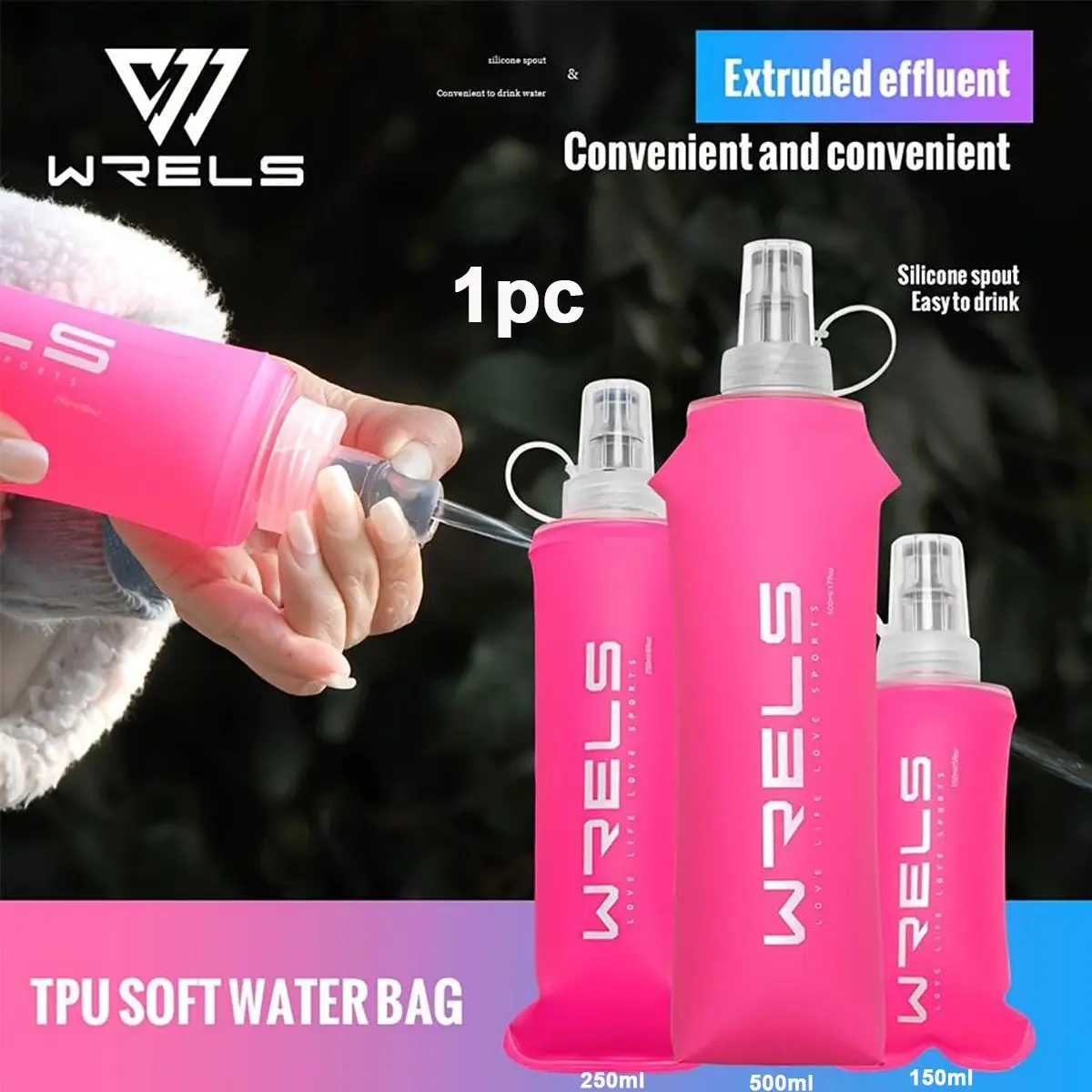 1pc 150ML/500ML pink sports water bottle, safe, odorless, foldable, portable, leakproof, suitable for outdoor cycling, cross-country running, mountaineering, Sports water bottles