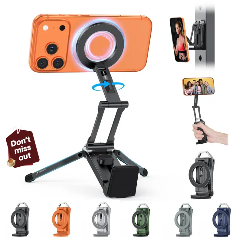 OMOTON TP02 Magnetic Aluminium Phone Mount Tripod Stand - Foldable Desk Phone Accessory with 360° Rotating Shaft, Adjustable Ring Grip, Selfie Stick Clamp, Hook for iPhone, Content Creator Tools
