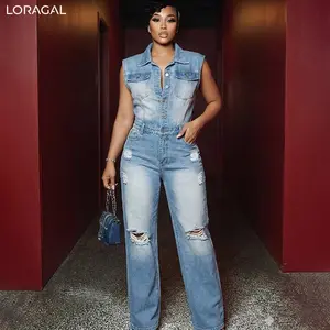 Denim Turndown Collar Sleeveless Cut Out Wide Leg Jumpsuit