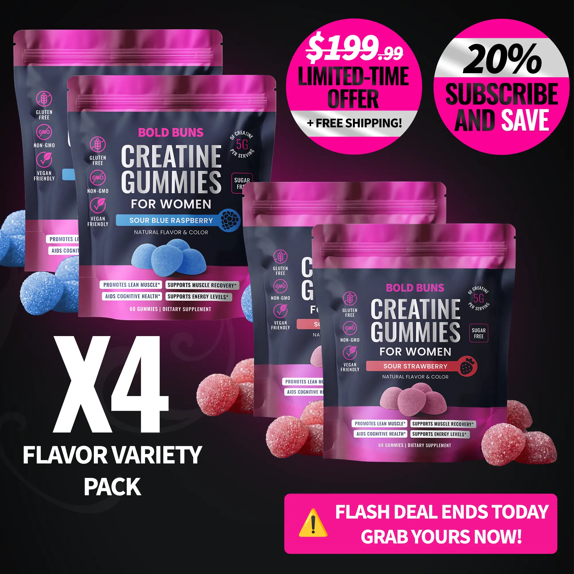 4 Pack (Multi Flavor) - Creatine Monohydrate Gummies for Women Bold Buns – 5g Creatine Per Serving – Sugar Free, Vegan, Non-GMO, Gluten Free – Muscle Support, Workout Recovery & Energy Support