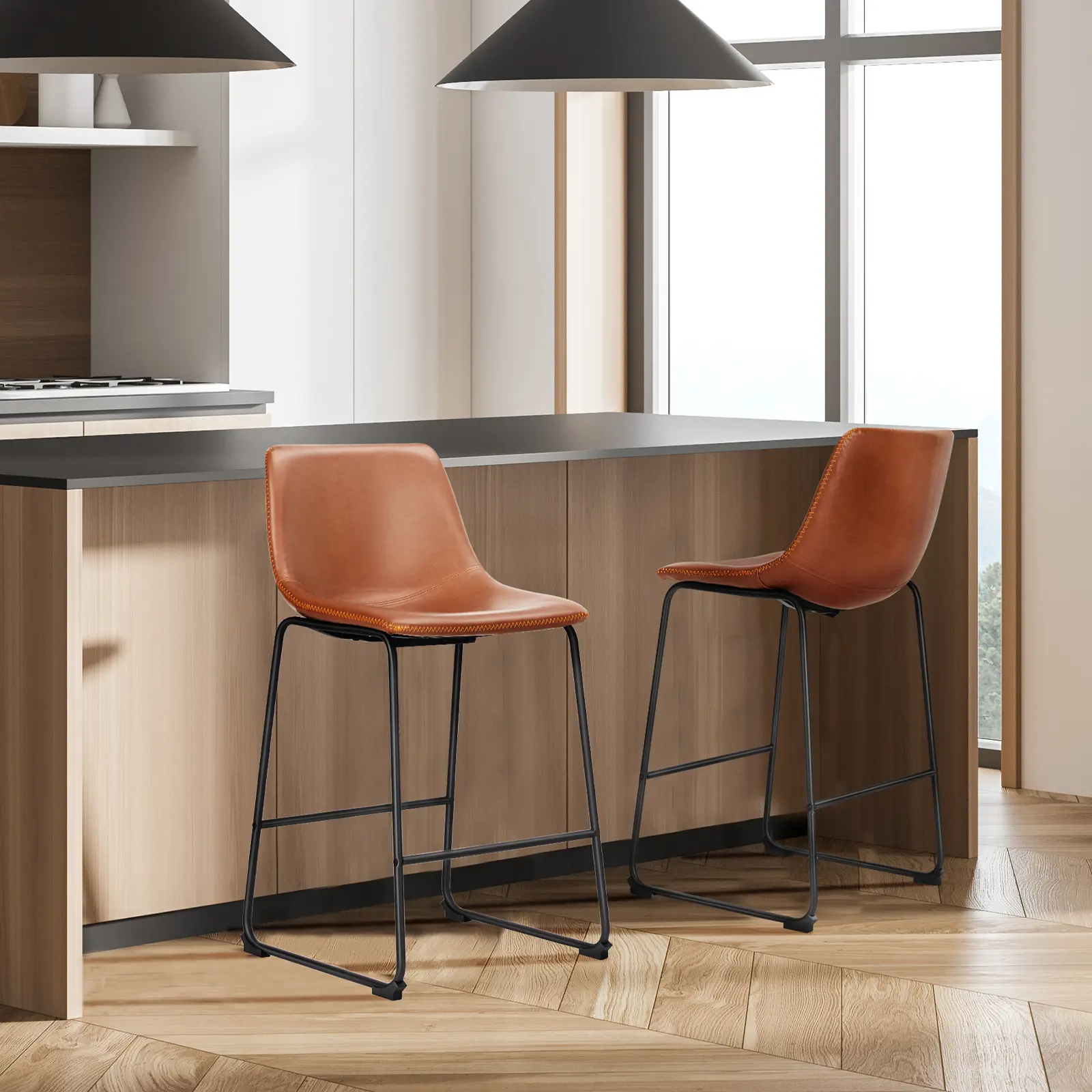 Sweetcrispy PU Leather Adjustable Height Bar Stools - 2 Pcs 26''-Black Modern Minimalist Armless Indoor Bar Chairs with Back, Metal Legs, Footrest, Dining Chairs, Waterproof PU Construction