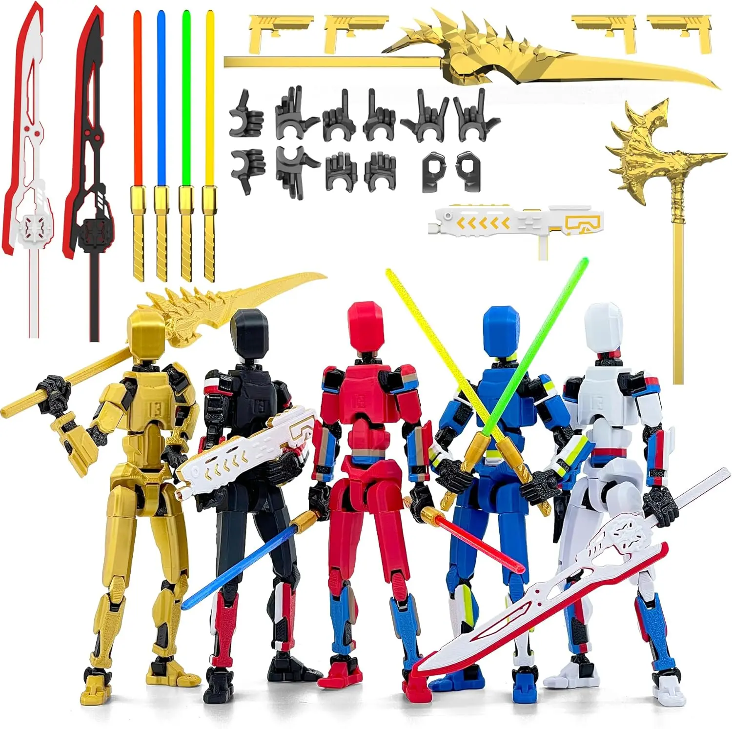 2/5-Pack Titan 13 Action Figure Set, 3D Printed Multi-Colored T Dummy 13 | Already Assembled T Lucky13 Action Figure Set with Laser Saber Dummy 13 Robo Nova 13, Figura de acción 13