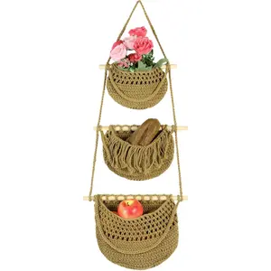 3 Tier Hanging Fruit Basket, Rustic Woven Jute Wall Baskets with Wooden Rods, Detachable Hanging Produce Storage for Fruits Vegetables, Bohemian Wall Organizer for Kitchen Bathroom