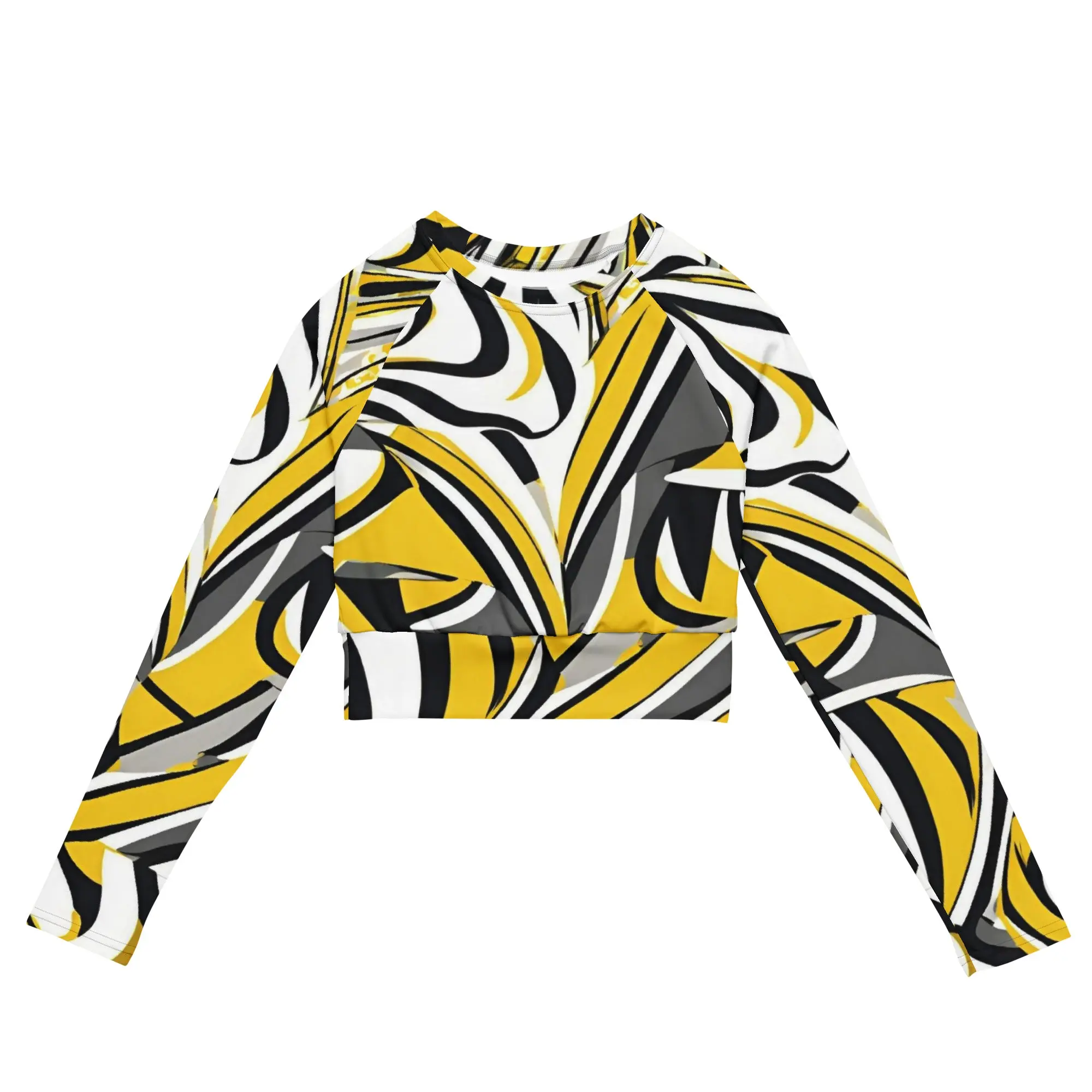 Jazzy Lemon Drop Long-Sleeve Compression Crop Top Unisex Recycled Polyester & Elastane Eco-Friendly Sports Athleisure Top with Soft Wide Waistband