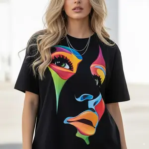 Women's Short-Sleeve Round Neck Fitted Tank Top - Trending Abstract Face Bold Graphics, Vibrant Color Block Style, Medium Stretch Street Casual Sports Vest, Machine Washable Comfortable Fabric for Spring Summer, All-Seasons Wear,summervibes Black Crewneck